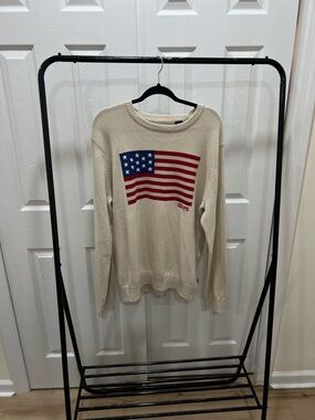 Chaps Cream Sweater with Red & Blue Flag Motif